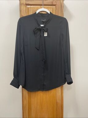 Talbots Black Long Sleeve Bow-Tie Button-Front Blouse Size Medium Petite NWT